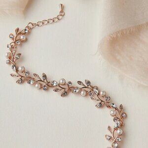 Rose Gold, Pearl and Crystal Bridal Bracelet, Floral Pearl, Brand New